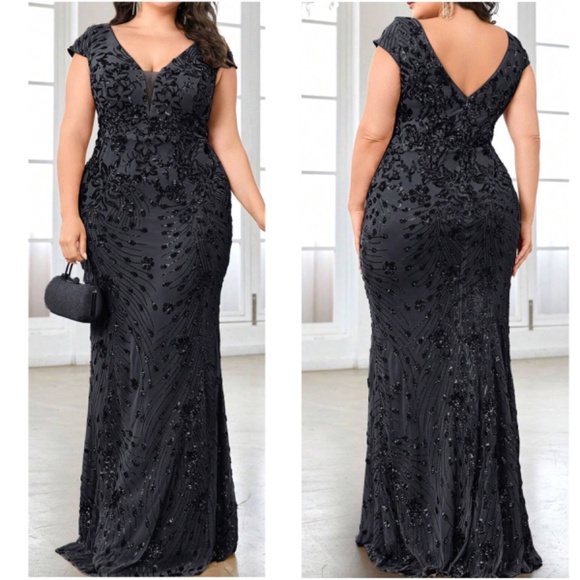 Plus V neck Sequin High Waisted Formal Black Tie Wedding Dress - Picture 2 of 13